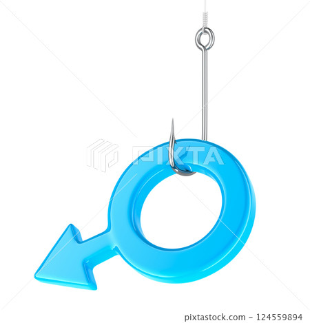 Fishing hook with blue male gender symbol, 3D rendering Fishing hook with blue male gender symbol, 3D rendering 124559894