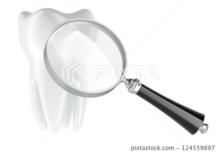 Molar Tooth with magnifying glass. Research and diagnosis concept, 3D rendering 124559897