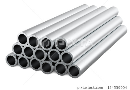 Steel pipes, stack of stainless, steel round pipes. 3D rendering Steel pipes, stack of stainless, steel round pipes. 3D rendering 124559904