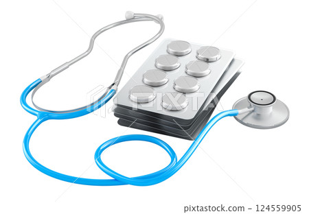 Stethoscope and pharmaceutical blister packs with pills, tablets. 3D rendering 124559905