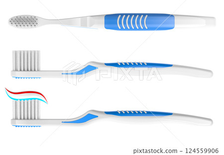 Toothbrushes with toothpaste and without. Toothbrushes, front and side views. 3D rendering Toothbrushes with toothpaste and without. Toothbrushes, front and side views. 3D rendering 124559906