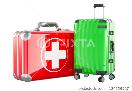Travel First Aid Kit, concept. First aid kit with suitcase, 3D rendering Travel First Aid Kit, concept. First aid kit with suitcase, 3D rendering 124559907