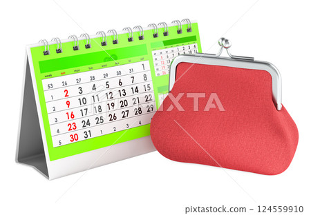 Coin Purse with Desk Calendar, 3D rendering 124559910