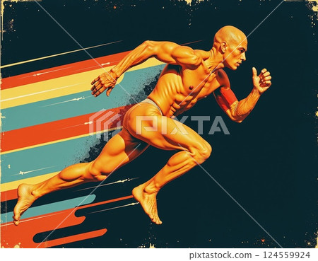 Dynamic athlete in motion capturing speed, strength, and agility in vibrant retro style Dynamic athlete in motion capturing speed, strength, and agility in vibrant retro style 124559924