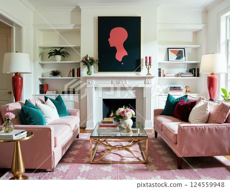 Elegant living room with pink sofas and minimalist art for modern interior design 124559948