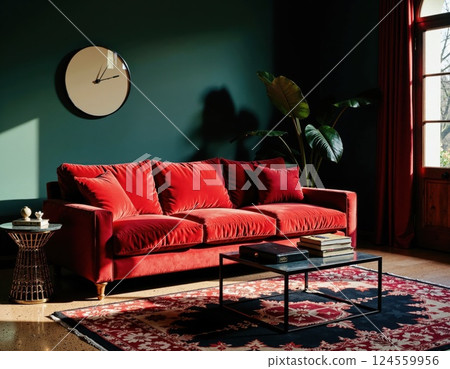 Elegant mid-century modern living room with red velvet sofa and geometric accents in sunlit space 124559956