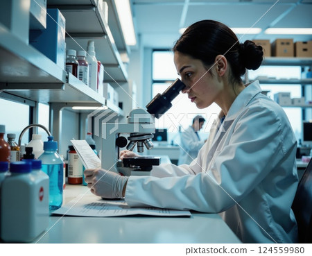 Focused scientist conducting microscope research in modern laboratory environment Focused scientist conducting microscope research in modern laboratory environment 124559980