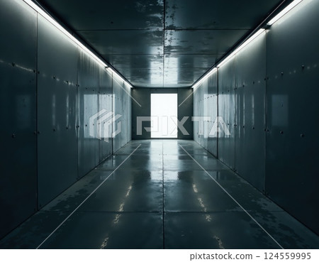 Futuristic minimalist corridor with dramatic lighting and polished metal surfaces for sci-fi film or game design 124559995