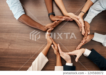 People with hands in circle, business diversity and banner for global recruitment marketing. Round table meeting, solidarity in corporate workplace, group collaboration and united nations community People with hands in circle, business diversity and banner for global recruitment marketing. Round table meeting, solidarity in corporate workplace, group collaboration and united nations community 124560072