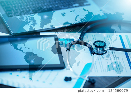 Technology, documents or stethoscope in global healthcare collaboration, medical community or life insurance 3D. Zoom, paper or laptop digital transformation of world map hologram in future medicine 124560079