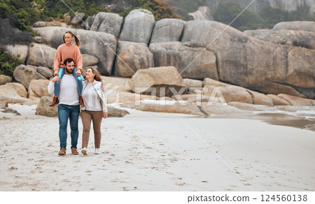 Family, walking and beach, travel and outdoor, mother and father with child spending quality time by the ocean. Love, together and man with woman and girl, parents bonding with kid out in nature. Family, walking and beach, travel and outdoor, mother and father with child spending quality time by the ocean. Love, together and man with woman and girl, parents bonding with kid out in nature. 124560138