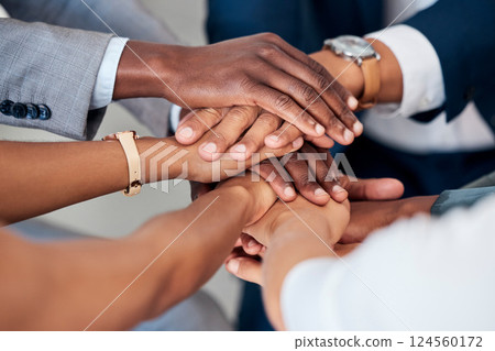 Motivation, hands stacked and business people together for success, unity and community. Celebration, collaboration and group hand joined for victory, partnership and support together in office 124560172