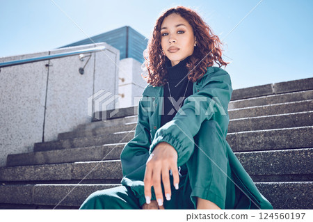 Fashion, travel and woman student on building steps in a city, with vision for mission, goal and mindset. Portrait, girl and exchange student on a solo trip in New York, proud and confident downtown Fashion, travel and woman student on building steps in a city, with vision for mission, goal and mindset. Portrait, girl and exchange student on a solo trip in New York, proud and confident downtown 124560197