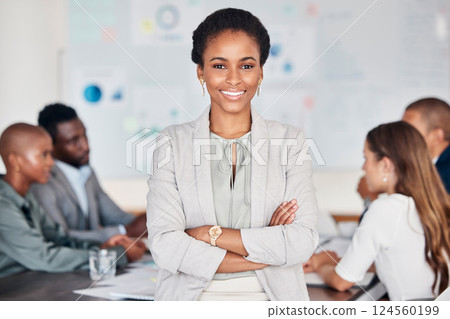 Meeting, team and portrait of black woman, leader or manager standing with pride, confidence and happiness. Communication, collaboration planning and business people team work on marketing strategy 124560199