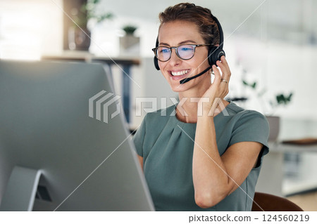 Happy, call center and computer, woman and headphones at desk, customer support or sales for telemarketing company. Mature agent or consultant, office and working, communication and customer service Happy, call center and computer, woman and headphones at desk, customer support or sales for telemarketing company. Mature agent or consultant, office and working, communication and customer service 124560219