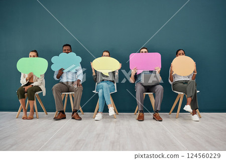 Business people in recruitment office with speech bubble, poster and sign for social media marketing and advertising. Diversity, men and women with paper, mockup space and billboard for job hiring 124560229