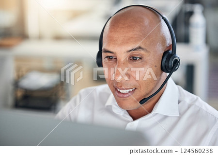 Call center, businessman and smile for consulting, telemarketing or customer support advice at office. Happy employee consultant man smiling with headset for communication, help or contact us service 124560238