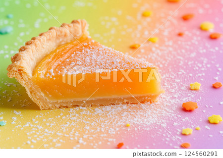 Vibrant lemon tart slice on colorful background with sprinkles 124560291