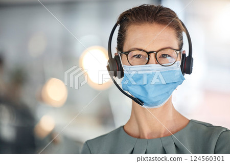 Call center, covid and portrait of woman in mask with headset for consulting in office. Crm, covid 19 compliance and mature sales agent or customer service worker in workplace following health rules. Call center, covid and portrait of woman in mask with headset for consulting in office. Crm, covid 19 compliance and mature sales agent or customer service worker in workplace following health rules. 124560301