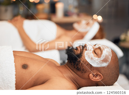 Spa, facial and couple relax with skincare, beauty and cosmetic treatment, wellness and pamper. Man, woman and face, skin and body care at luxury salon in Thailand, zen, peace and serenity together 124560316