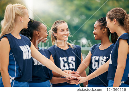 Netball team, hands and women sports motivation of athlete group showing happy teamwork support. Female exercise group with diversity and smile ready for a training match outdoor with happiness Netball team, hands and women sports motivation of athlete group showing happy teamwork support. Female exercise group with diversity and smile ready for a training match outdoor with happiness 124560336