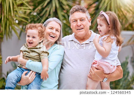 Grandparents, children and family, love and smile together in portrait, with elderly retired couple bonding and vacation in outdoor location. Retirement, happy and spending quality time in nature. 124560345