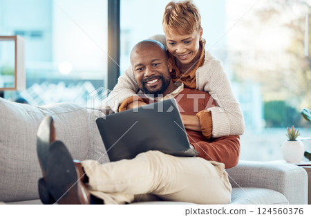 Love, hug and relax black couple on laptop bonding, enjoy quality time together and streaming online network movie. Peace, social media contact or romantic man and woman on video call communication 124560376