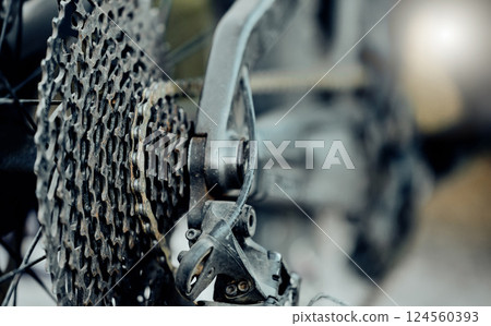 Cycling speed, bicycle gears and chain, cycle speed mechanic wheels of metal, iron or steel closeup. Mountain bike back wheel, extreme sports and fitness exercise riding on outdoor adventure trail. Cycling speed, bicycle gears and chain, cycle speed mechanic wheels of metal, iron or steel closeup. Mountain bike back wheel, extreme sports and fitness exercise riding on outdoor adventure trail. 124560393