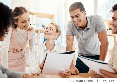 Team, ceo or business meeting paperwork discussion, KPI review or finance data report with proposal document. Teamwork, happy and collaboration group talking, planning and working on growth strategy 124560436