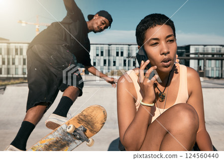 Skateboard, summer and phone call with friends at urban city hangout in sunshine together. Skater people at recreation facility for outdoor activity and 5g mobile connection in New York. 124560440