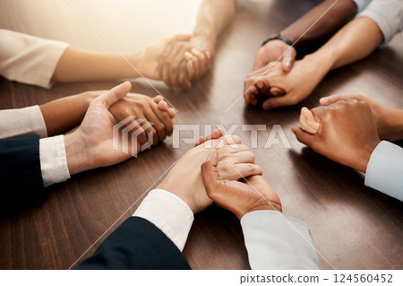 Support, community and business people praying in a meeting for teamwork, partnership and goal in corporate together. Hands of employees in collaboration, worship and communication at a conference Support, community and business people praying in a meeting for teamwork, partnership and goal in corporate together. Hands of employees in collaboration, worship and communication at a conference 124560452