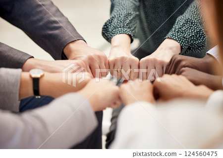 Fist bump, office teamwork and diversity of hands together for business and team support. Team building, community and collaboration success hand sign of company worker staff group about to work 124560475
