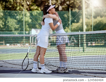 Tennis court, hug and people in outdoor park for success, thank you and love for the game, training or fitness in summer. Sports, athlete people hugging together support, collaboration or teamwork Tennis court, hug and people in outdoor park for success, thank you and love for the game, training or fitness in summer. Sports, athlete people hugging together support, collaboration or teamwork 124560484