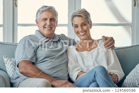 Love, hug and portrait of senior couple relax on home living room sofa, bonding and enjoy quality time together. Partnership trust, peace and elderly romantic man, woman or people happy in retirement Love, hug and portrait of senior couple relax on home living room sofa, bonding and enjoy quality time together. Partnership trust, peace and elderly romantic man, woman or people happy in retirement 124560586