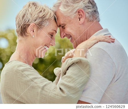 Happy couple, retirement and hug in garden, park and outdoor for love, relax and break together in Australia. Romance, smile and senior man, woman and people with happiness, care and easy lifestyle 124560629
