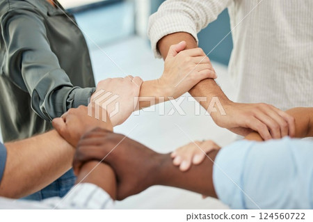 Hands, office community and diversity employee group together to show support and trust. Business, workforce and teamwork of a worker with staff giving a helping hand for the workplace collaboration 124560722