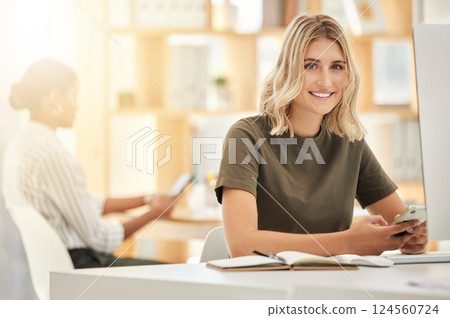 Phone, break and portrait of woman in office with social media, networking or email at desk. Connection, wifi and online communication of secretary girl in workplace relaxing on smartphone. 124560724