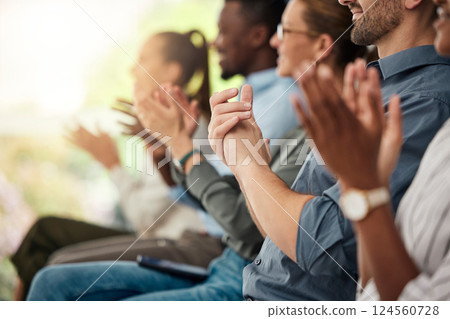Business people applause in conference audience, crowd and tradeshow workshop for, training, motivation and presentation. Employee team clapping hands for success, seminar event and support meeting 124560728