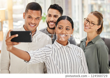 Business people taking team selfie for social media on smartphone, collaboration and teamwork of happy, smile and success startup agency. Friends, diversity staff and office workers taking fun photos 124560729