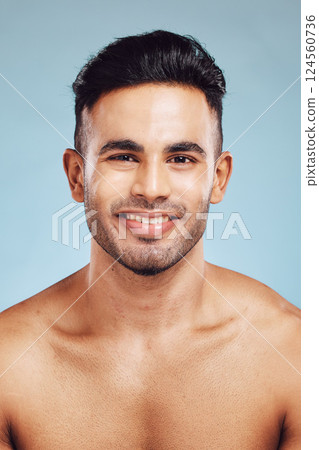 Happy, face and man model with healthy skin, skincare and beauty with a smile. Portrait of a person from Portugal with body wellness, health and satisfaction about cosmetic wellbeing and happiness 124560736