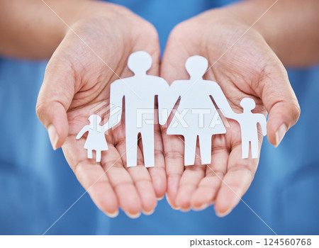 Cutout paper family, woman hands for security and safety together for insurance help. Abstract mom, dad and kids in cut out picture for future, collaboration and protection support in community trust 124560768