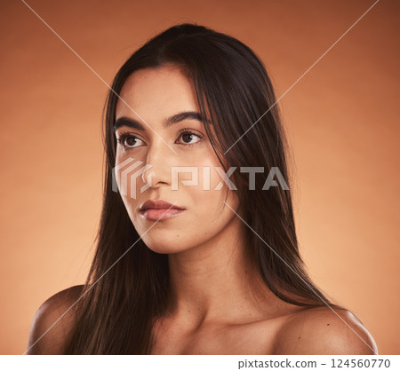 Hair care, skincare and beauty of woman for self care, cosmetics or makeup mockup in studio for health and wellness. Female model posing for shampoo, dermatology and self love with new hairstyle 124560770