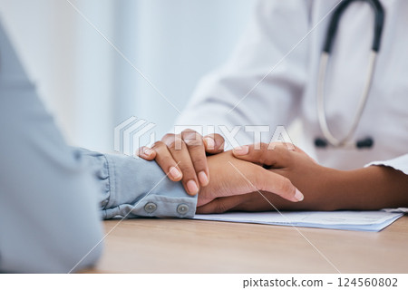 Doctor, patient and holding hands for empathy, trust and hope in consulting, support and healthcare insurance. Kindness, counseling and therapy from medical worker, psychology help and mental health 124560802