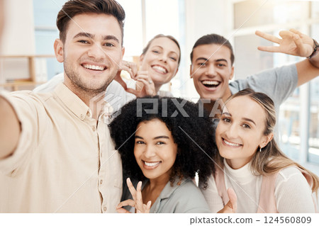 Happy, motivation and selfie with company team together for work seminar or team building workshop. Portrait of business people with smile, diversity and relationship for healthy workforce culture 124560809