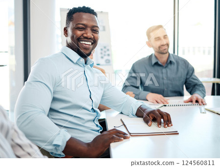 Meeting, corporate and portrait of African businessman sitting in the office boardroom with his team. Happy, smile and professional black man planning a company strategy or project in conference room 124560811
