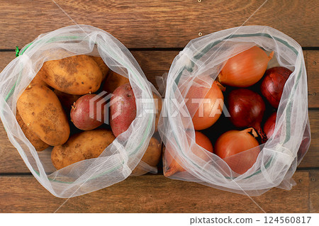 Healthy natural products in eco bag to boost immunity, healthy lifestyle concept, zero waste. Dietary vegetables in fabric packaging. Banner for the store. No plastic. Selective focus 124560817