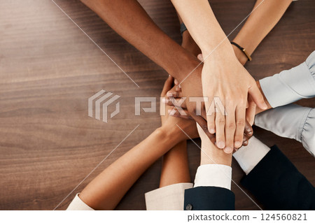 Stack, hands and business people at team building in office for motivation, empowerment and goal. Diversity, teamwork and group of employees in collaboration with support and celebration in workplace 124560821