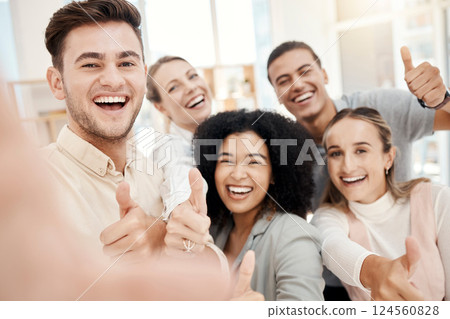 Office selfie, business people and thumbs up for success, trust and teamwork. Vote, thank you and portrait of happy employees showing like hands sign, diversity and picture for social media post. Office selfie, business people and thumbs up for success, trust and teamwork. Vote, thank you and portrait of happy employees showing like hands sign, diversity and picture for social media post. 124560828