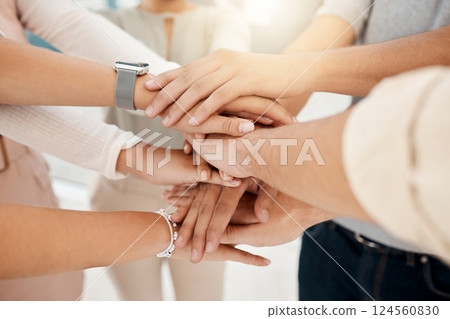 Stacked hands, team building and employee teamwork with business community support, collaboration and motivation together. Corporate unity, staff solidarity and creative startup workforce cooperation 124560830