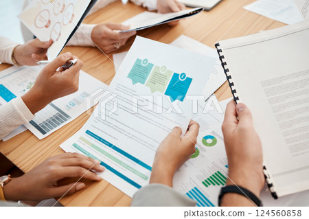 Business, meeting and planning with paperwork and data, team with legal document and project analysis, chart and graph. Contract, deal and corporate planning with strategy figure and collaboration. 124560858